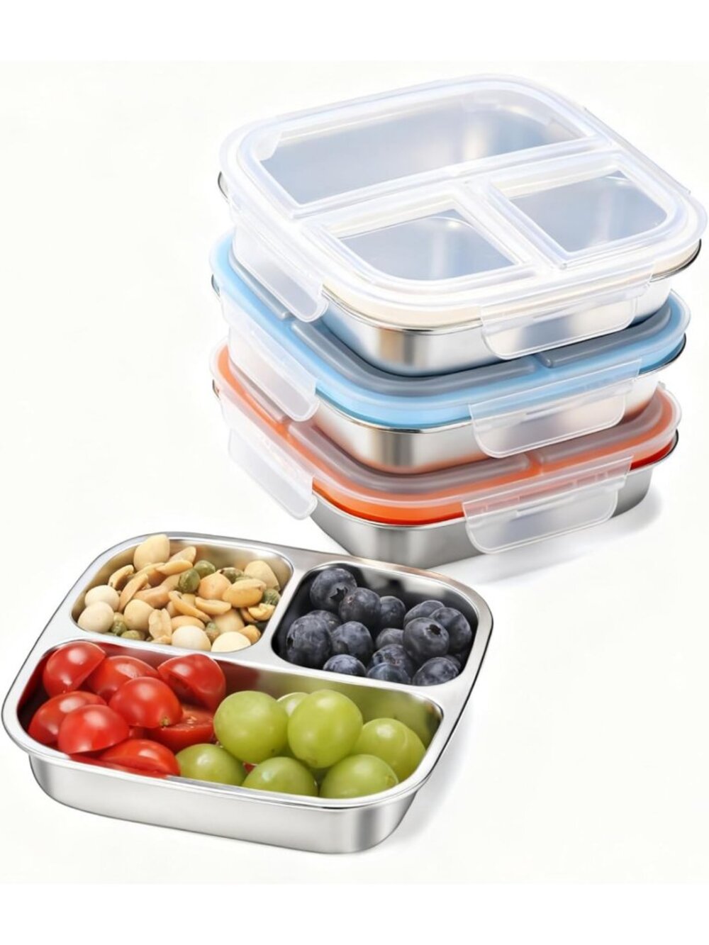 3 Pack Kids Snack Containers - Bento Box with 3 Compartments & Lids, Meal Prep